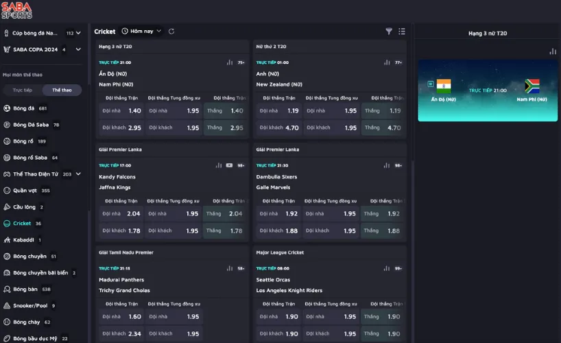SABA Sports cung cấp các trận đấu về Cricket